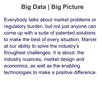 Big Data | Big Picture Everybody talks about market problems or regulatory burden, but not just anyone can come up with a suite of patented solutions to make the best of every situation. Marvel at our ability to solve the industry’s thoughest challenges. It is about: the industry nuances, market design and economics, as well as the enabling technologies to make a positive difference.