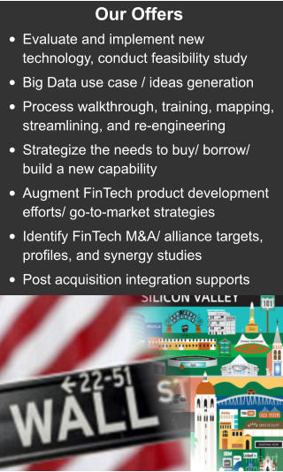 Our Offers  •	Evaluate and implement new technology, conduct feasibility study •	Big Data use case / ideas generation •	Process walkthrough, training, mapping, streamlining, and re-engineering •	Strategize the needs to buy/ borrow/ build a new capability •	Augment FinTech product development efforts/ go-to-market strategies •	Identify FinTech M&A/ alliance targets, profiles, and synergy studies •	Post acquisition integration supports