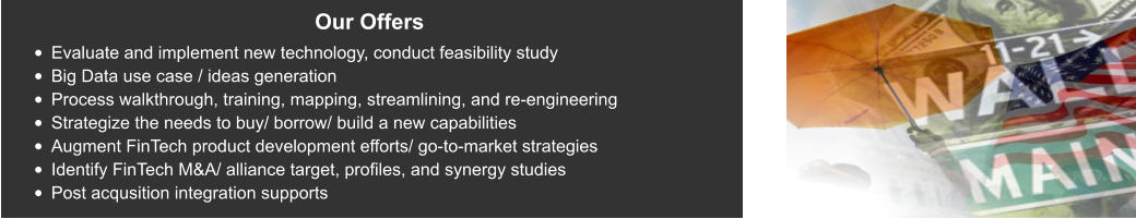 Our Offers  •	Evaluate and implement new technology, conduct feasibility study •	Big Data use case / ideas generation •	Process walkthrough, training, mapping, streamlining, and re-engineering •	Strategize the needs to buy/ borrow/ build a new capabilities •	Augment FinTech product development efforts/ go-to-market strategies •	Identify FinTech M&A/ alliance target, profiles, and synergy studies •	Post acqusition integration supports