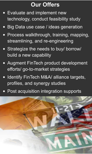 Our Offers  •	Evaluate and implement new technology, conduct feasibility study •	Big Data use case / ideas generation •	Process walkthrough, training, mapping, streamlining, and re-engineering •	Strategize the needs to buy/ borrow/ build a new capability •	Augment FinTech product development efforts/ go-to-market strategies •	Identify FinTech M&A/ alliance targets, profiles, and synergy studies •	Post acquisition integration supports